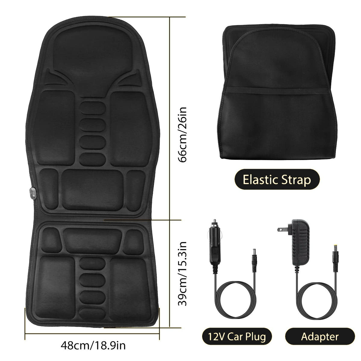 Car seat massager cushion dimensions, elastic strap and power cables
