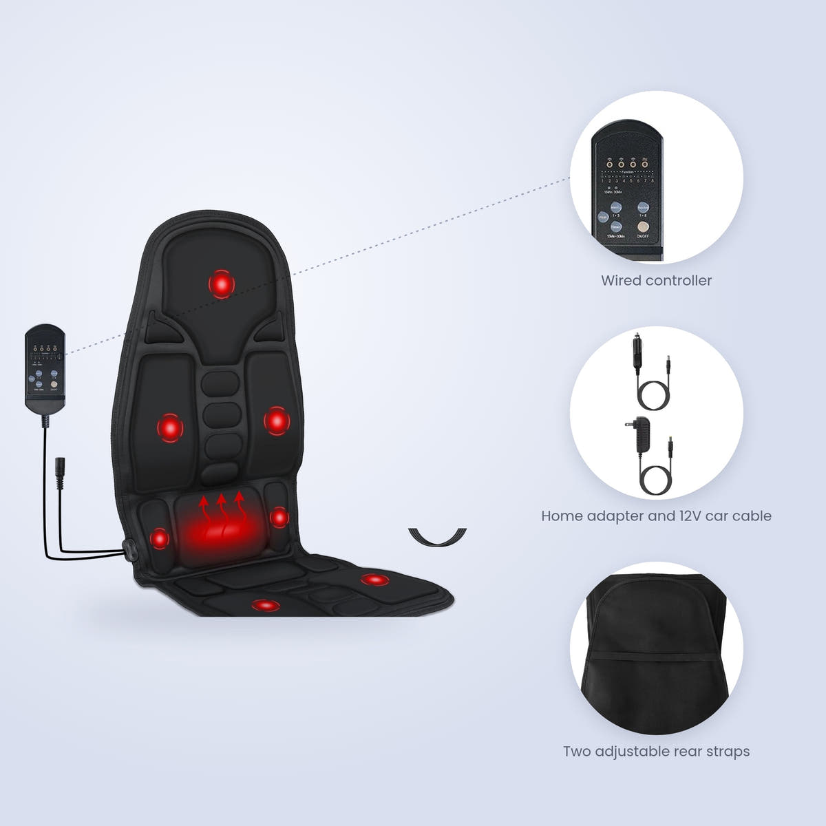 Car seat massager cushion with vibration points and heated lumbar zone, plus close-ups of the wired controller, home adapter with 12V car cable, and rear straps