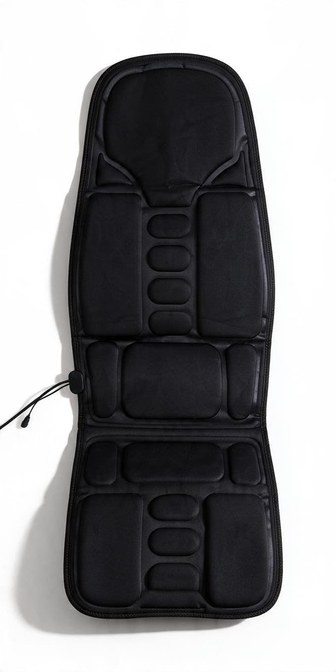 Car seat massager cushion flat lay, straight overhead view, white background