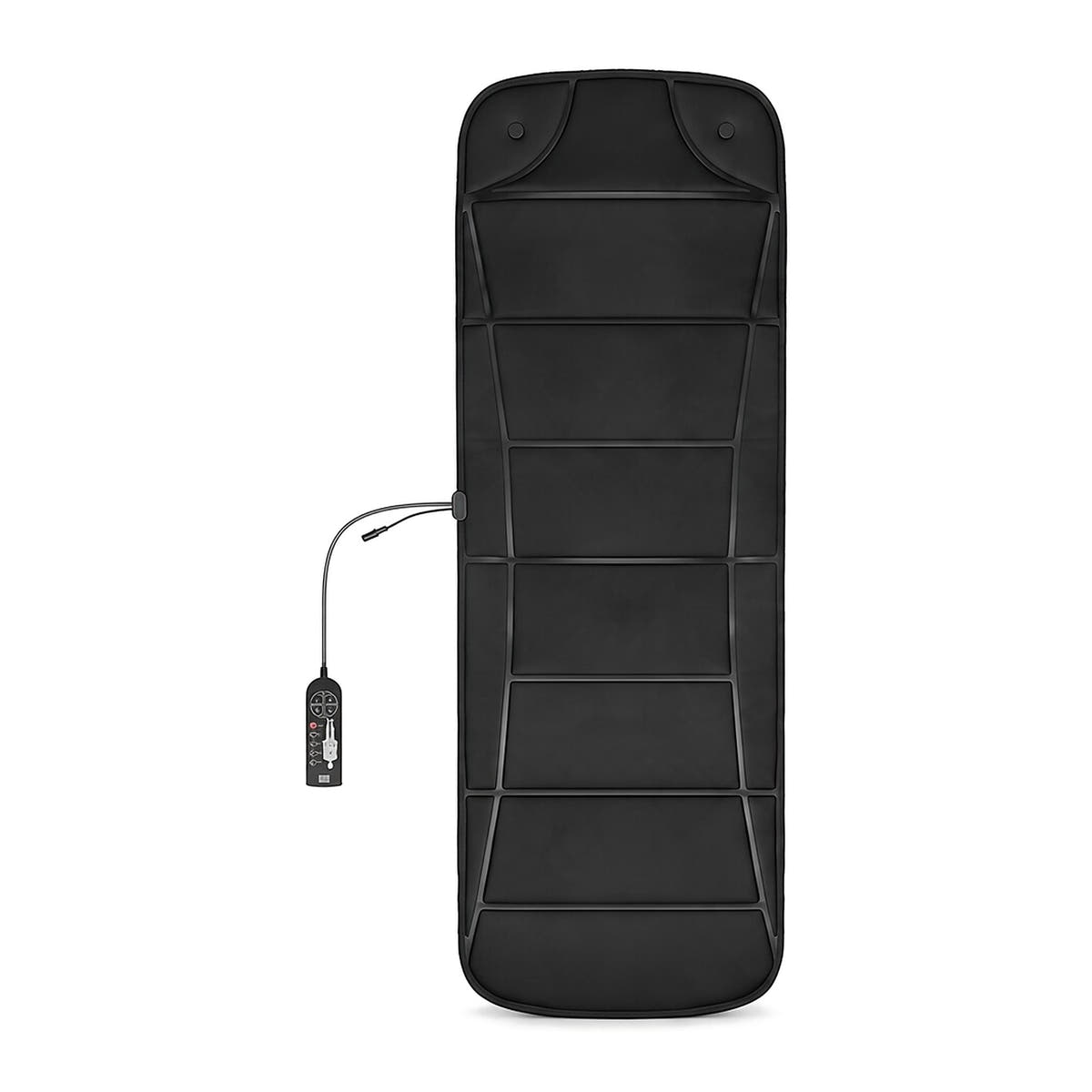 Black full body massage mat with heat and handheld controller, top view on white background