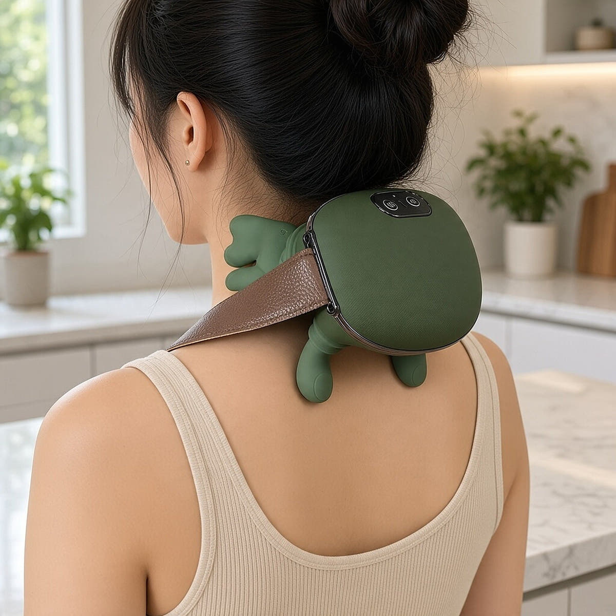 Rear view of a woman wearing the green cordless trapezius massager with the strap over her shoulders