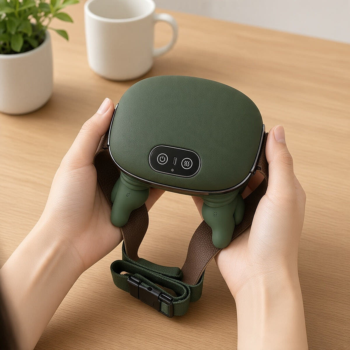 Hands holding the green cordless trapezius massager with strap on a table