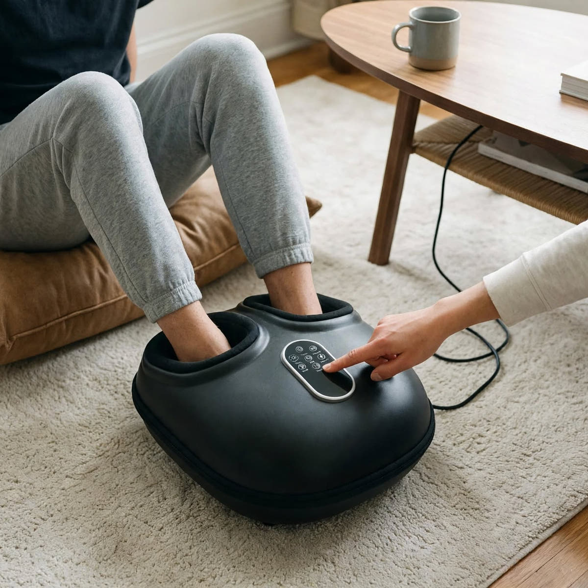 Person with feet in the black electric foot massager, pressing the control panel