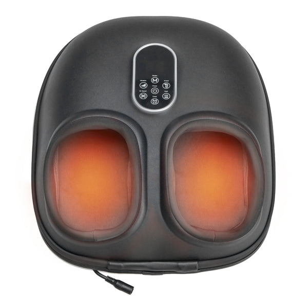 Black electric foot massager top view with heat glow on white background