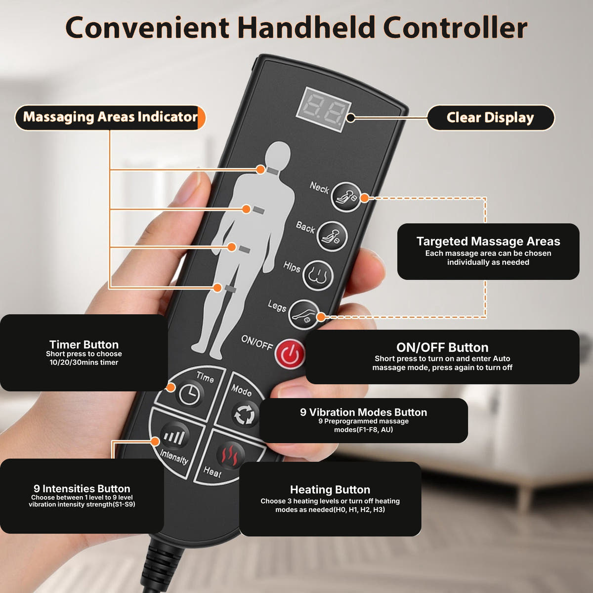Massage mat handheld controller with button functions