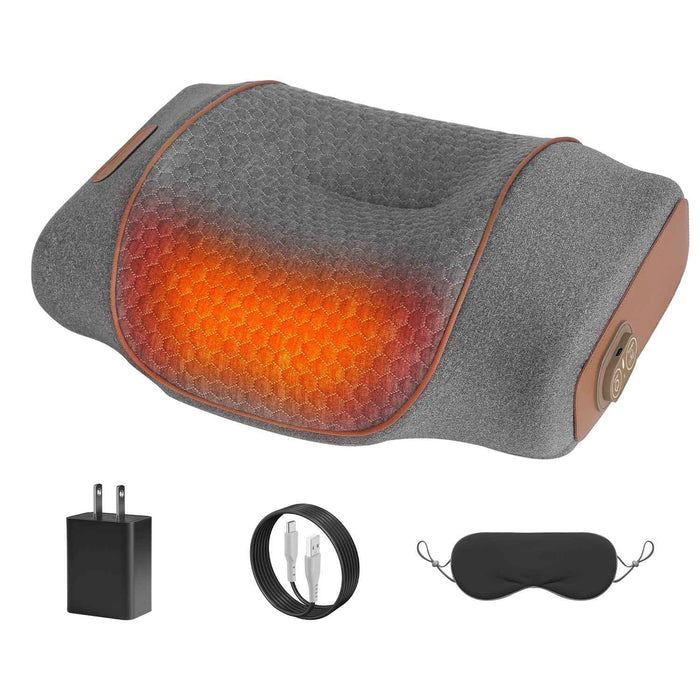 Neck massager pillow with heat zone shown, with power adapter, USB-C cable and eye mask