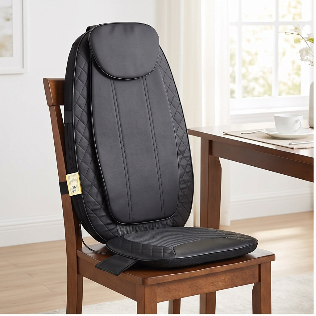 Back massager chair pad strapped to a wooden dining chair
