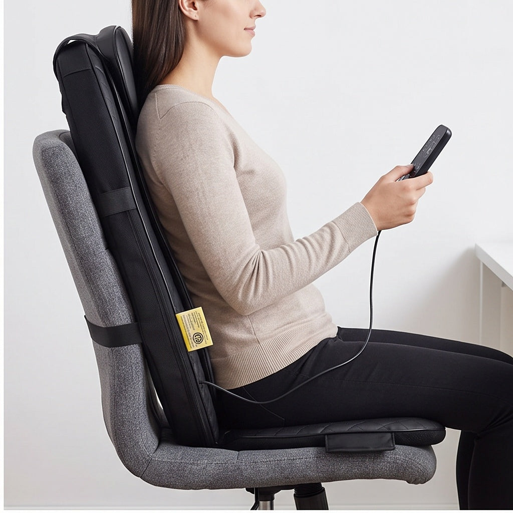 Woman using the back massager chair pad on an office chair with the remote