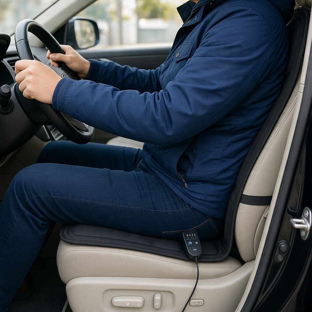 Driver seated on the car seat massager cushion with the wired controller on the seat