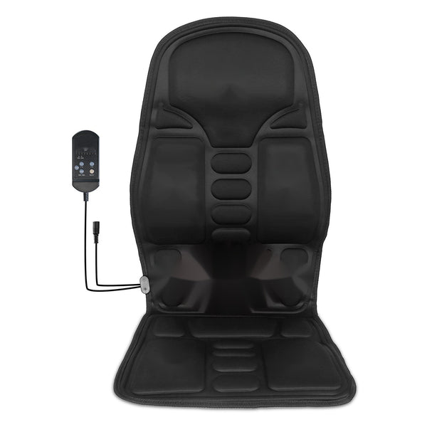Black car seat massager cushion with wired controller, front view