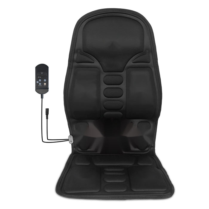 Black car seat massager cushion with wired controller, front view