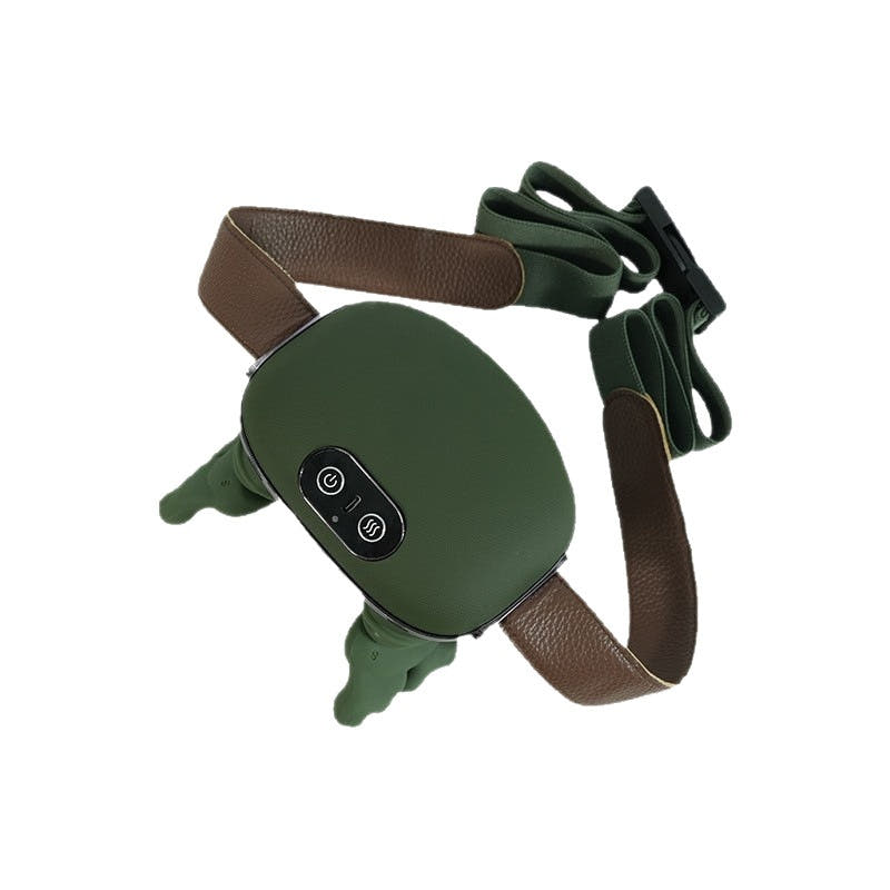 Real photo of the green cordless trapezius massager with strap and kneading heads