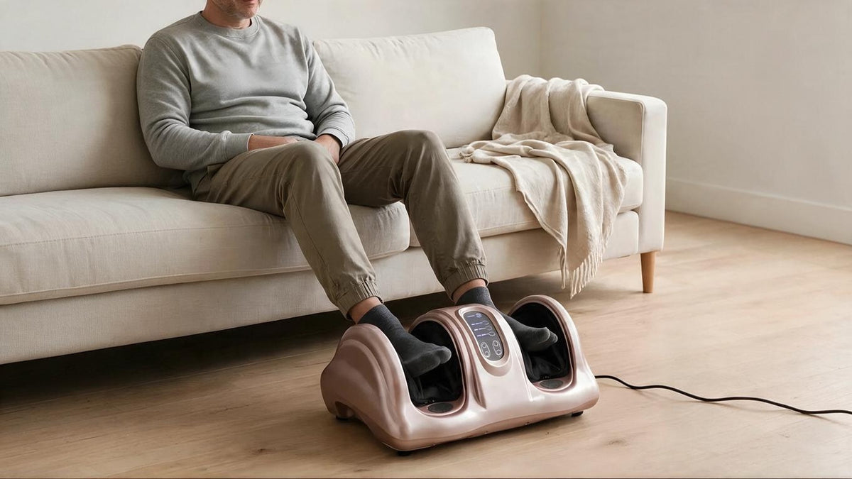 Man relaxing on a sofa using the JustKnead foot massager