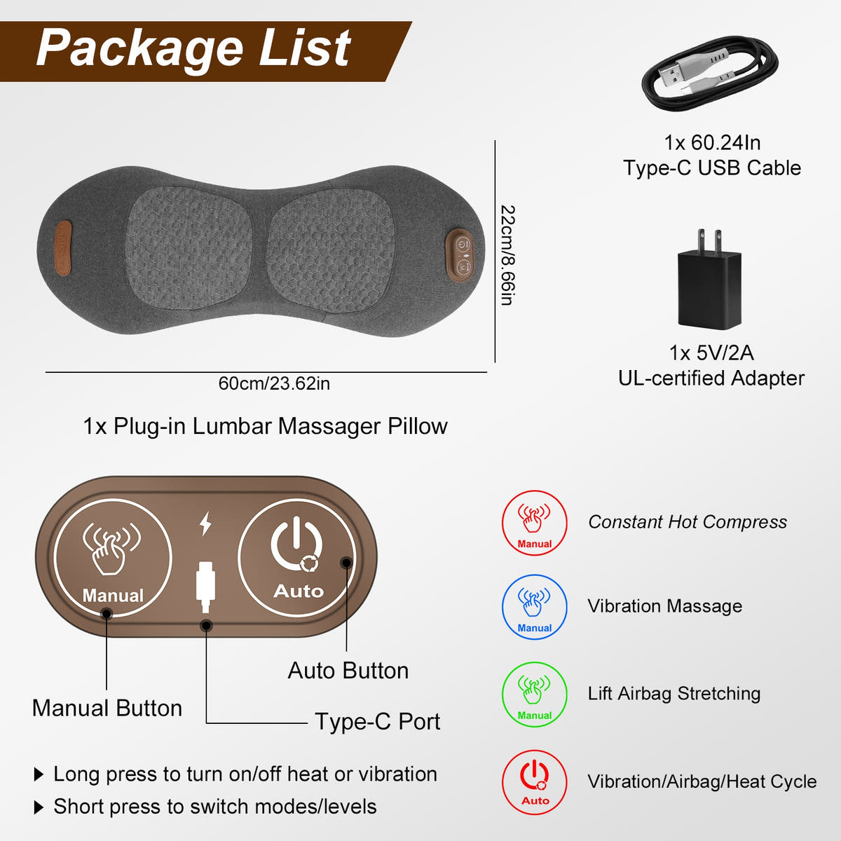 Back massager pillow package list: pillow, Type-C USB cable and 5V/2A adapter, with button guide and mode icons