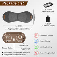 Back massager pillow package list: pillow, Type-C USB cable and 5V/2A adapter, with button guide and mode icons