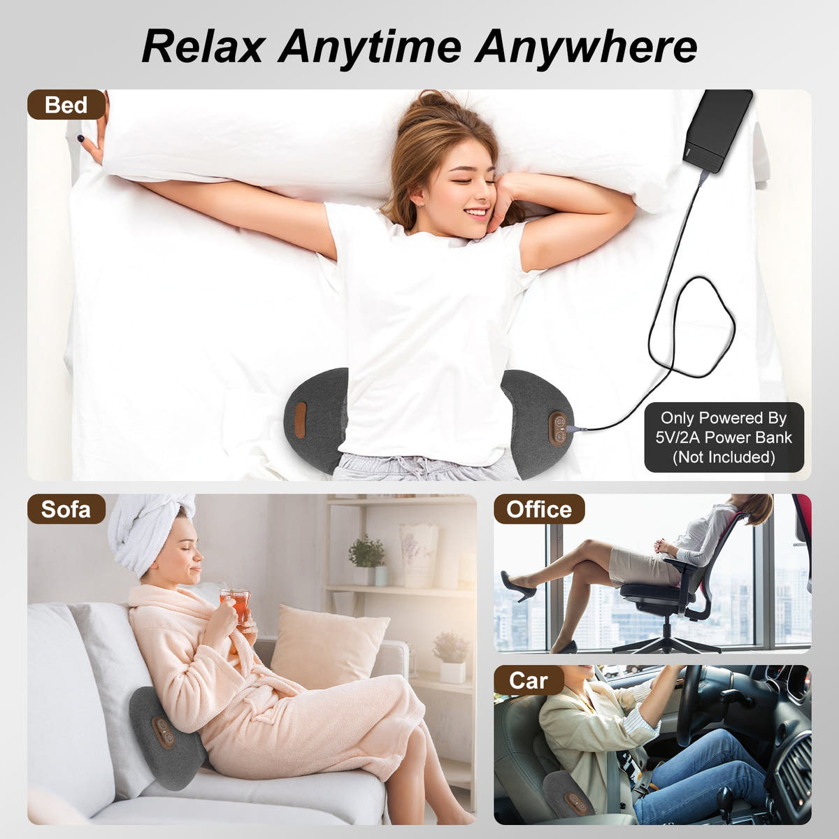 Back massager pillow used in bed, on a sofa, in an office chair and in a car, powered by a 5V/2A power bank (not included)