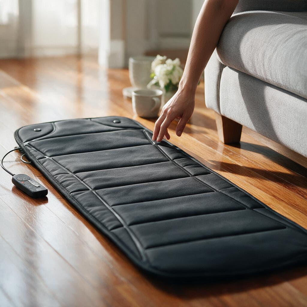 Full body massage mat in use, unrolled on hardwood floor beside a sofa