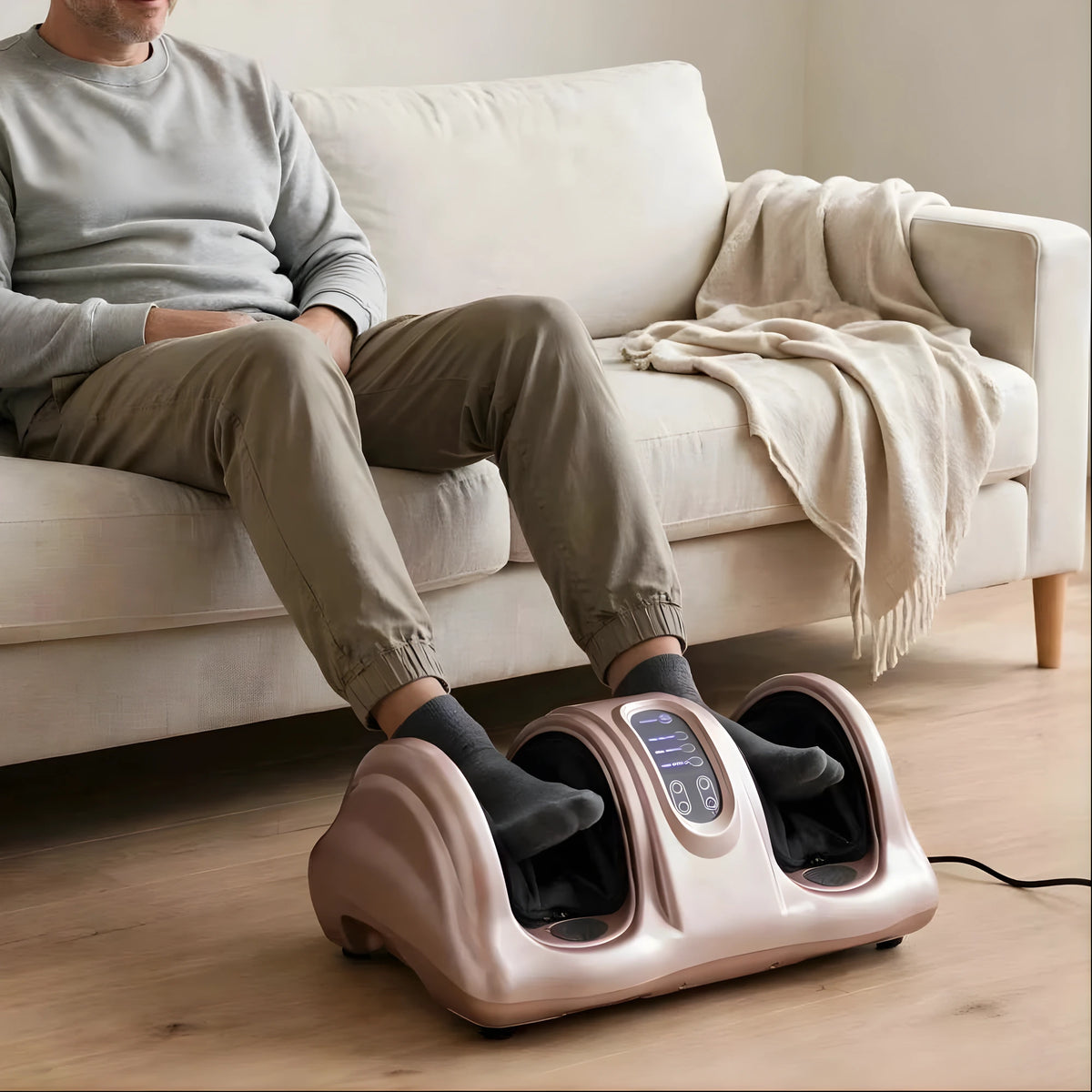 Man relaxing on a sofa with his feet in the rose gold foot massager