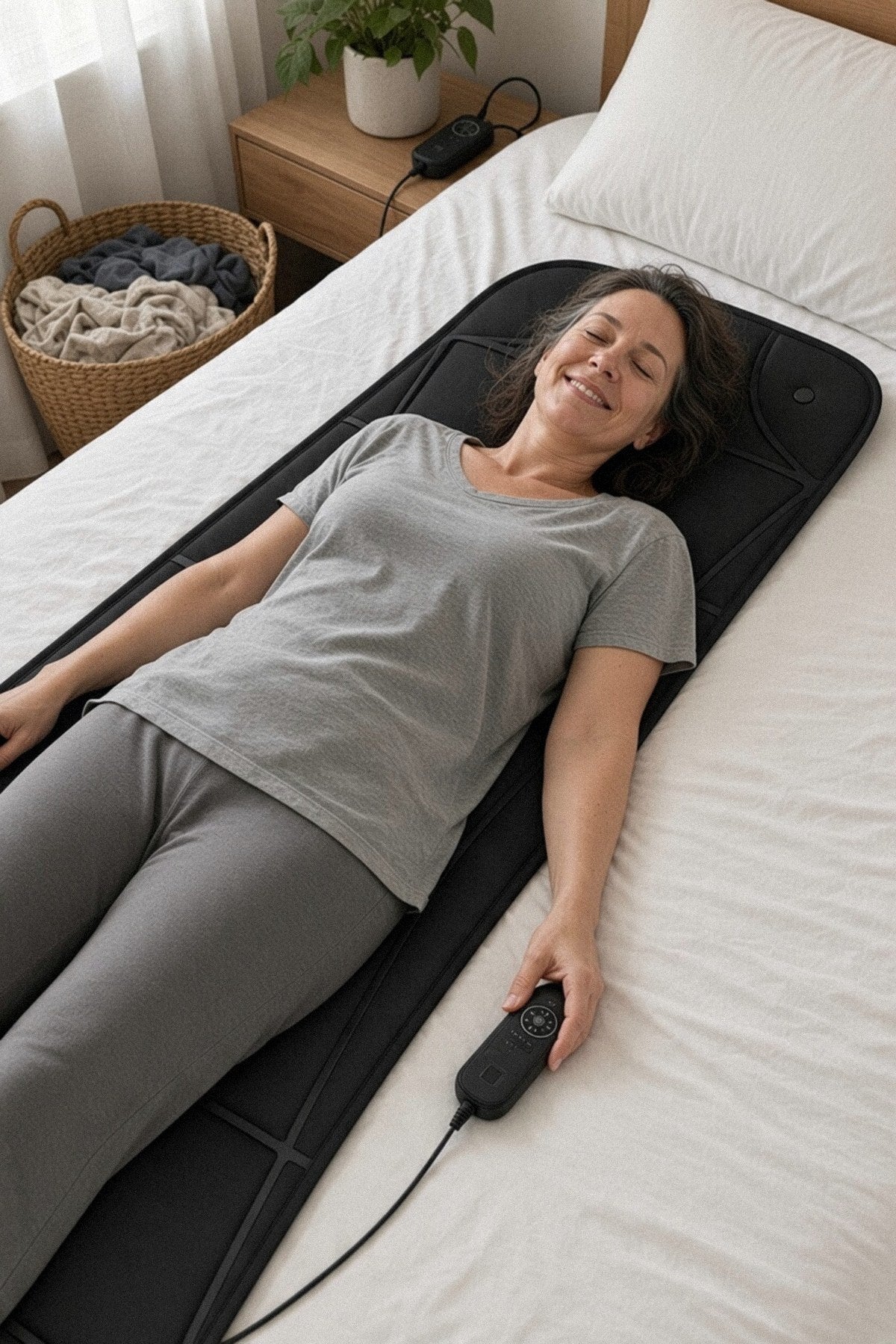 Woman lying on the full-body massage mat on a bed holding the controller