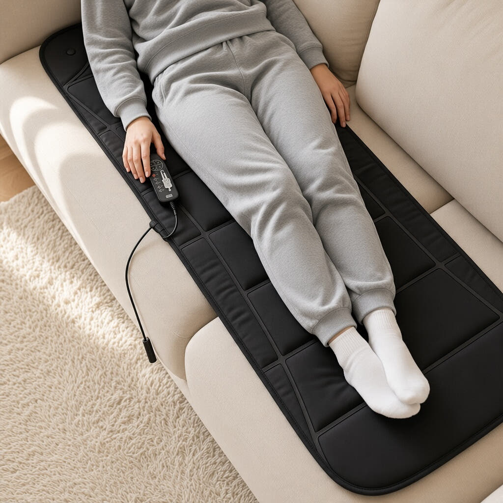 Top view of a person lying on the full body massage mat on a sofa with the wired controller in hand