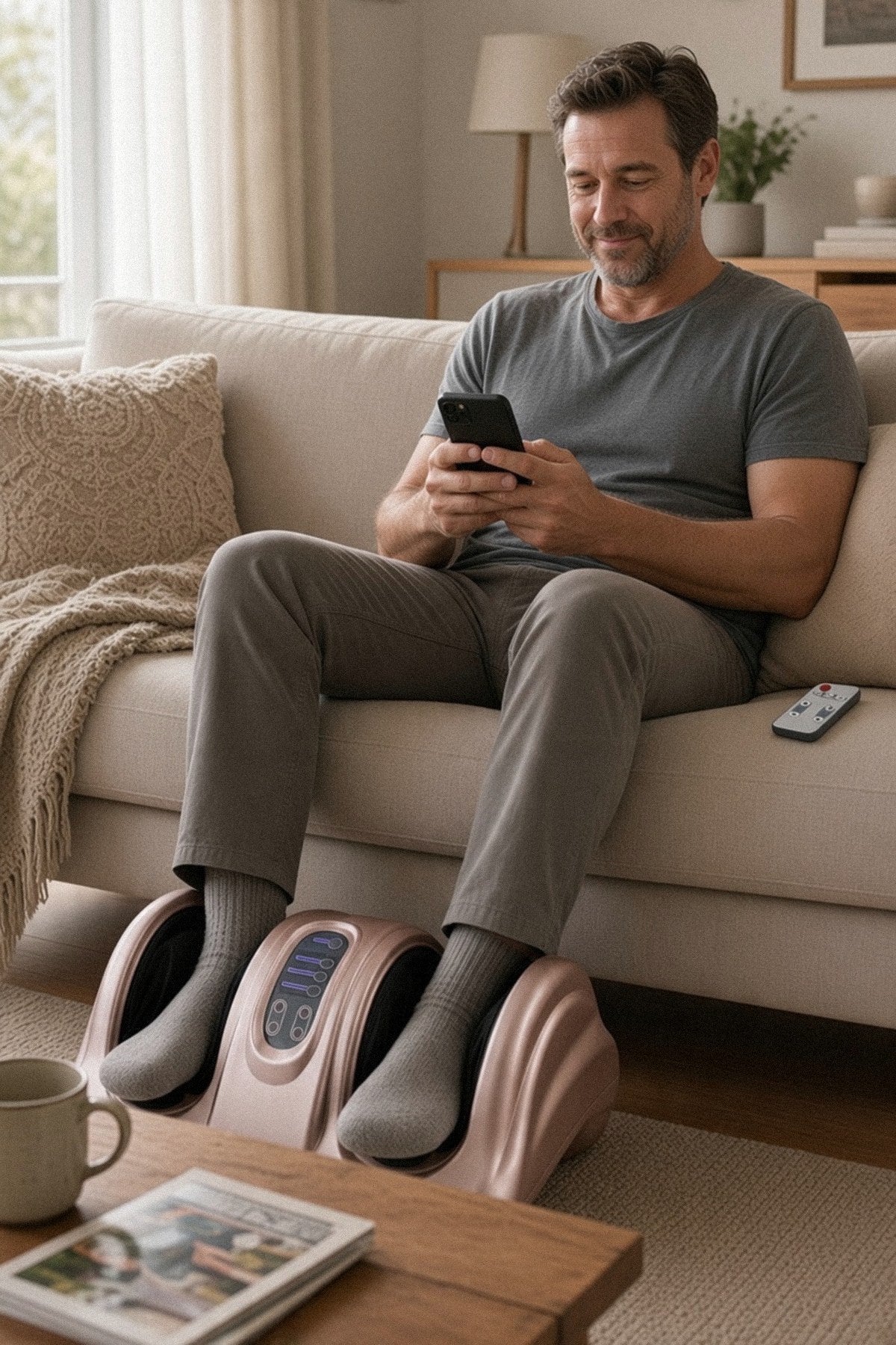 Man relaxing on a sofa with his feet in the shiatsu foot massager