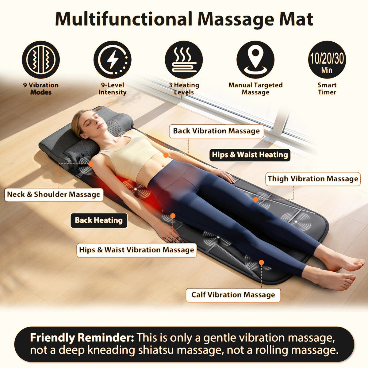 Full Body Massage Mat with Heat – Foldable Vibrating Massage Pad with 10 Motors, 9 Modes and Timer for Home and Car, Black