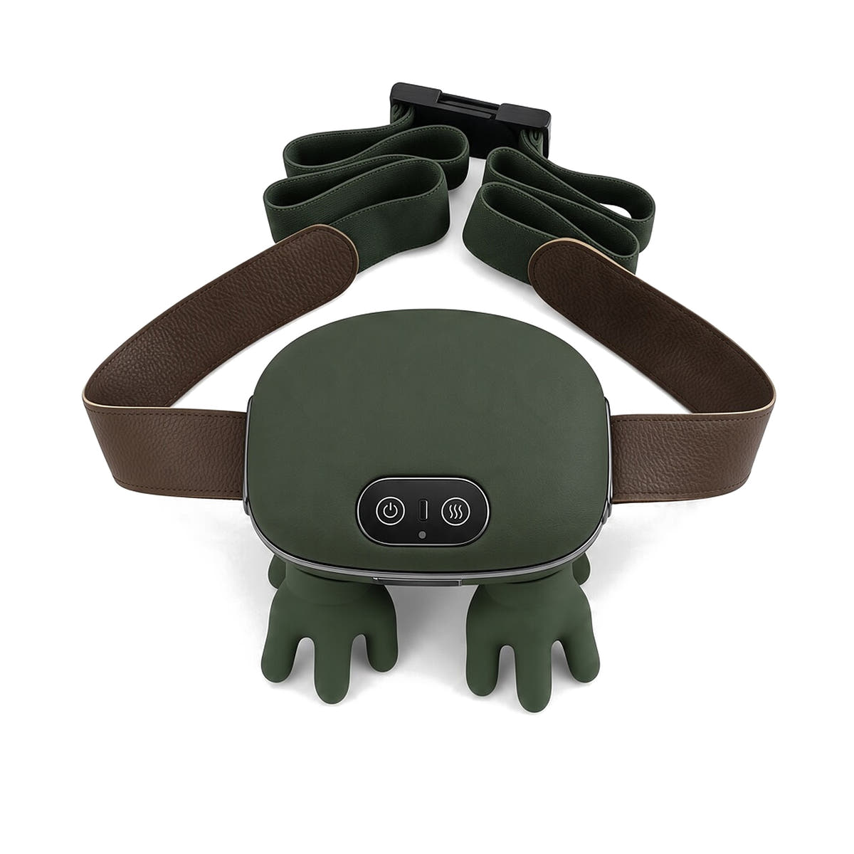Top view of the trapezius massager showing the power and heat buttons and USB-C charging port