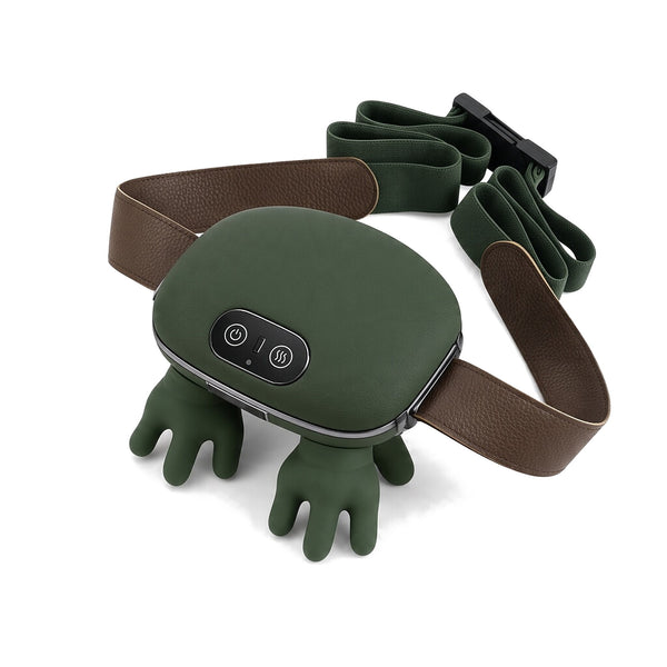 Green cordless trapezius massager with heat, hand-shaped kneading heads and brown strap on white background