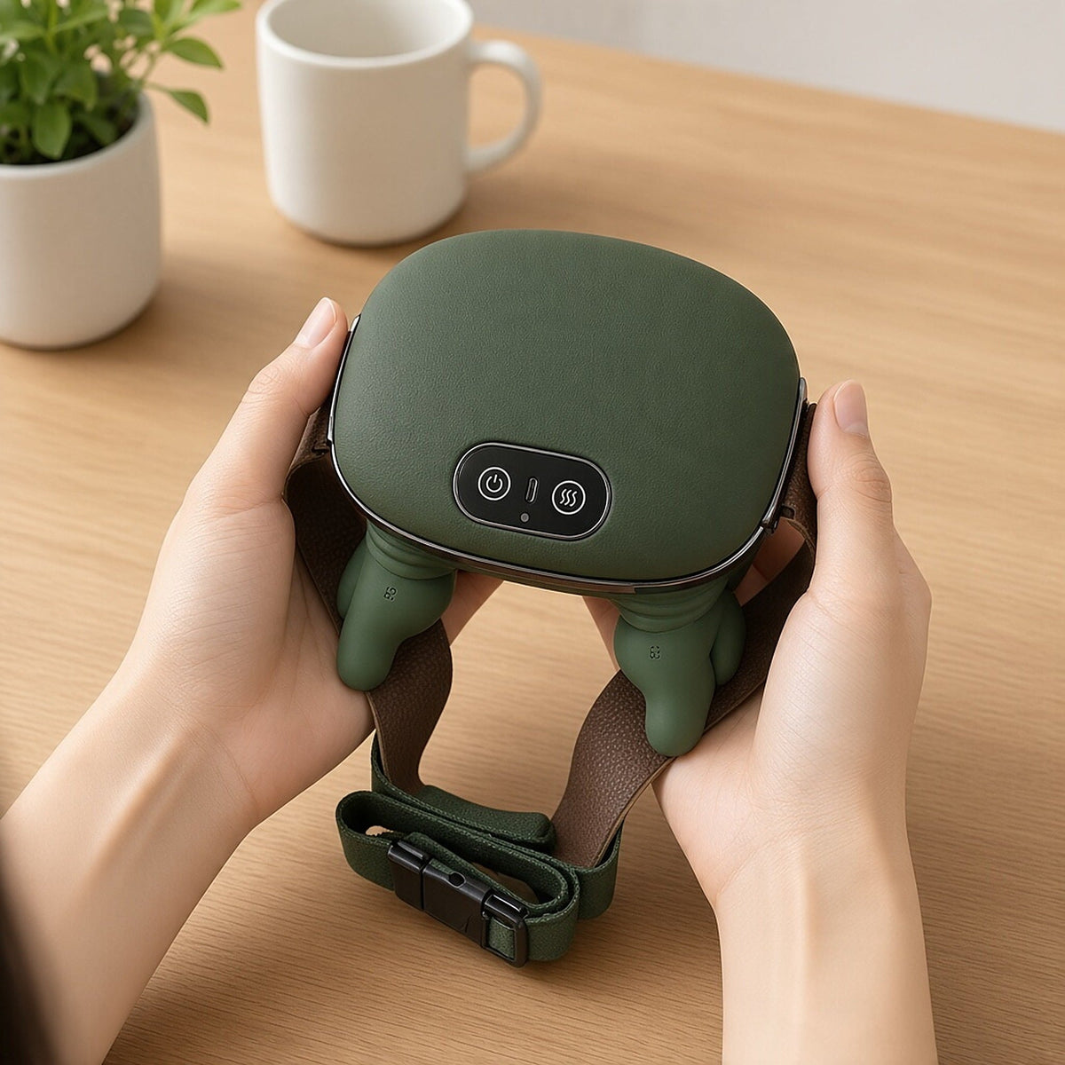 Hands holding the green cordless trapezius massager with strap on a table