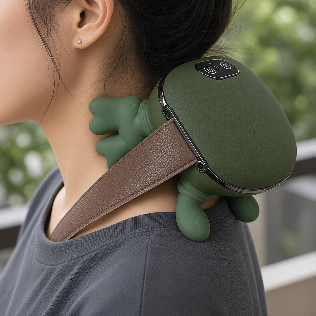 Side view of the trapezius massager with hand-shaped kneading heads resting on the shoulder