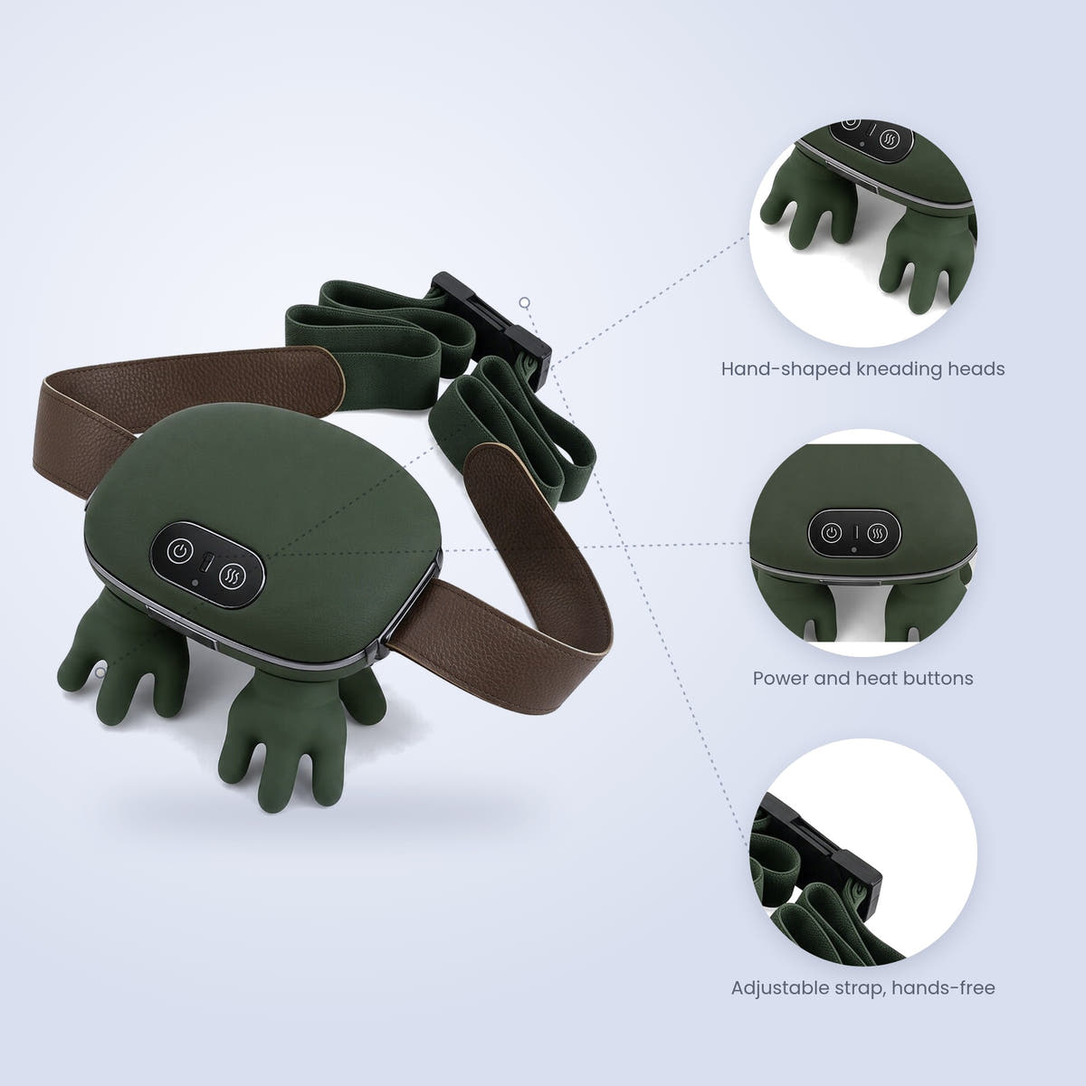 Cordless trapezius massager with close-ups of the kneading heads, power and heat buttons, and adjustable strap