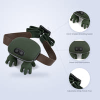 Cordless trapezius massager with close-ups of the kneading heads, power and heat buttons, and adjustable strap