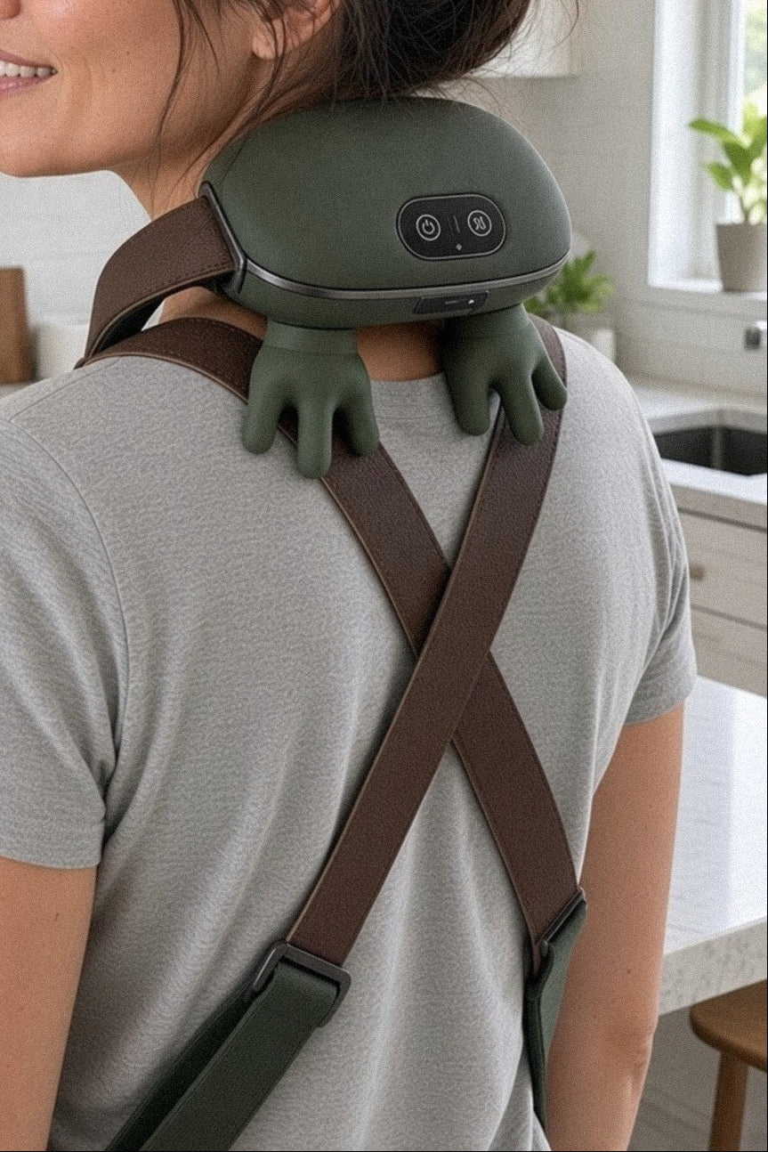 Woman wearing the cordless trapezius massager with the strap in her kitchen